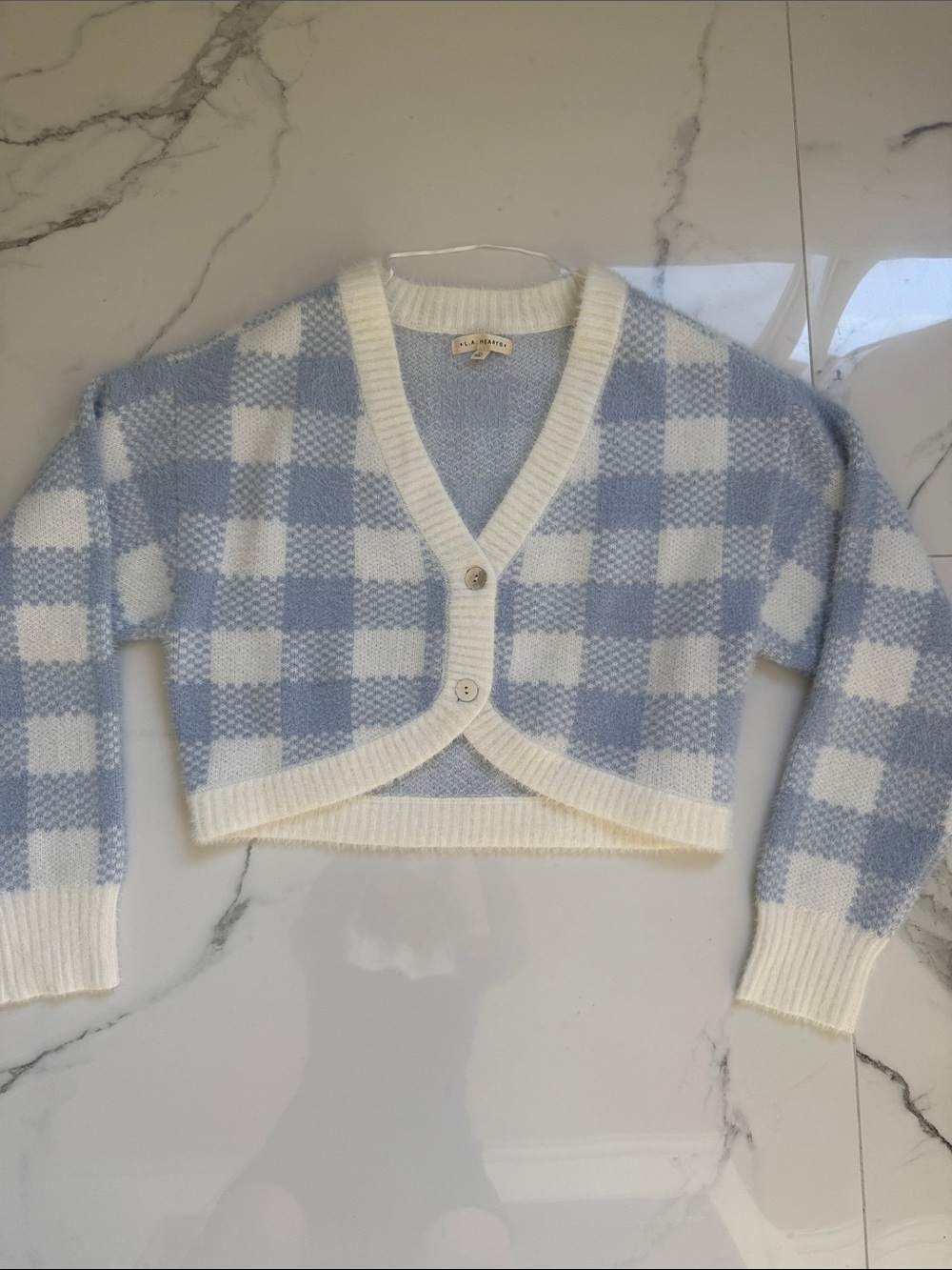 LA Hearts Light Blue & White Cropped Check V-Neck Cardigan